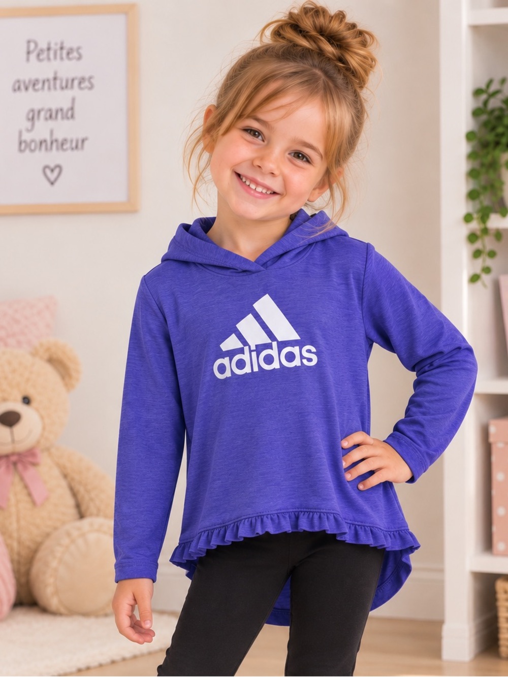 Adidas Girls Purple Heather Hooded Athletic Top Ruffle Hem | Size 4T